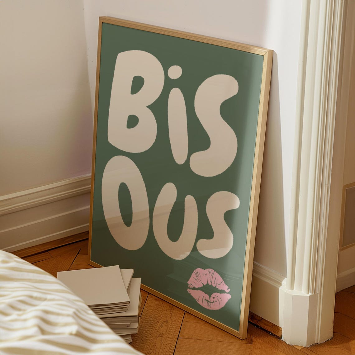 Bisous Cream Bubble Lettering Sage Green Pink Kiss Mark Poster - Image 3