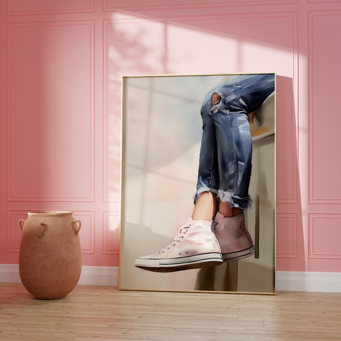 Ripped Jeans Pink High Top Sneakers Legs Oil Painting Style Poster - Image 3