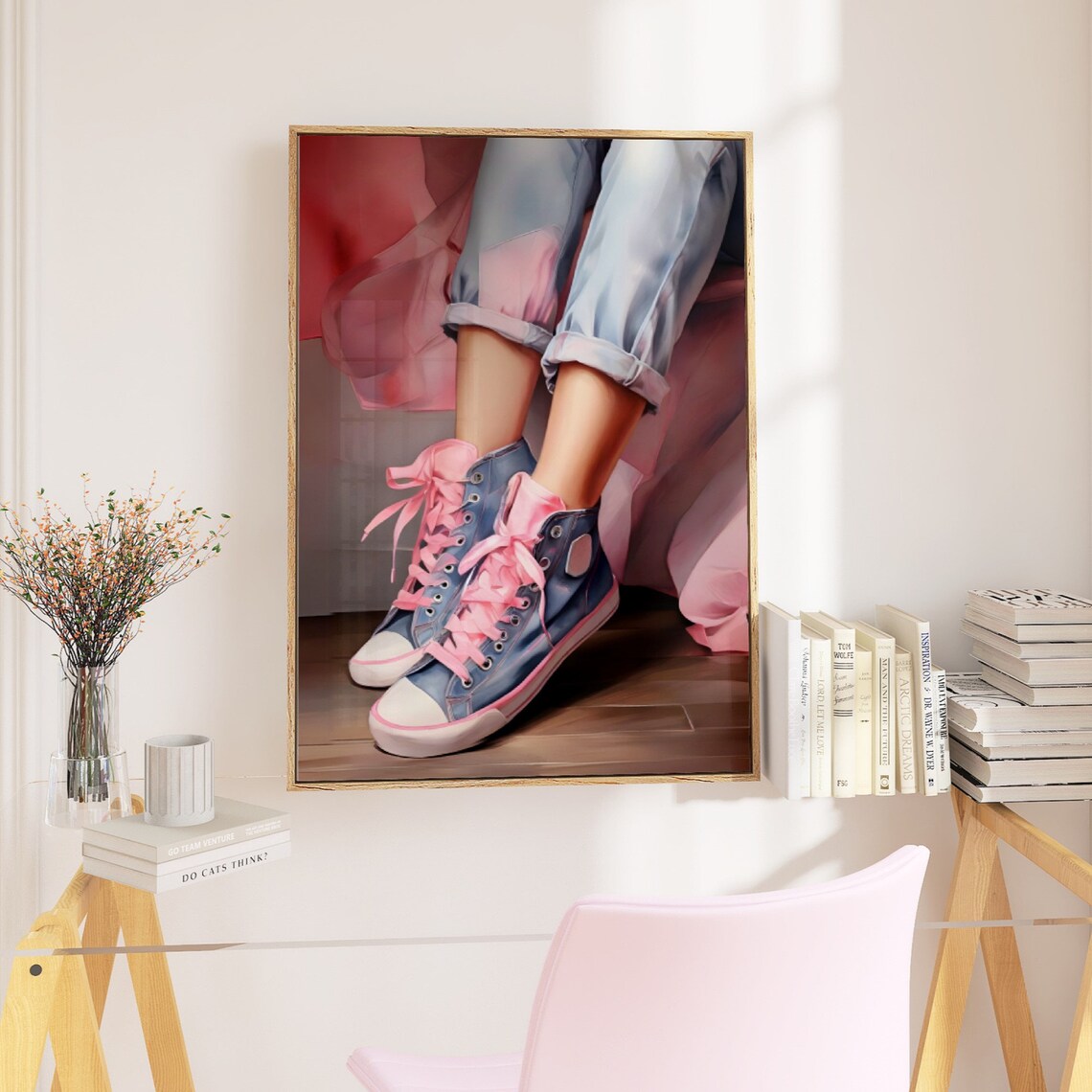 Denim Sneaker Pink Blue High Top Shoes Retro Fashion Cool Poster - Image 3