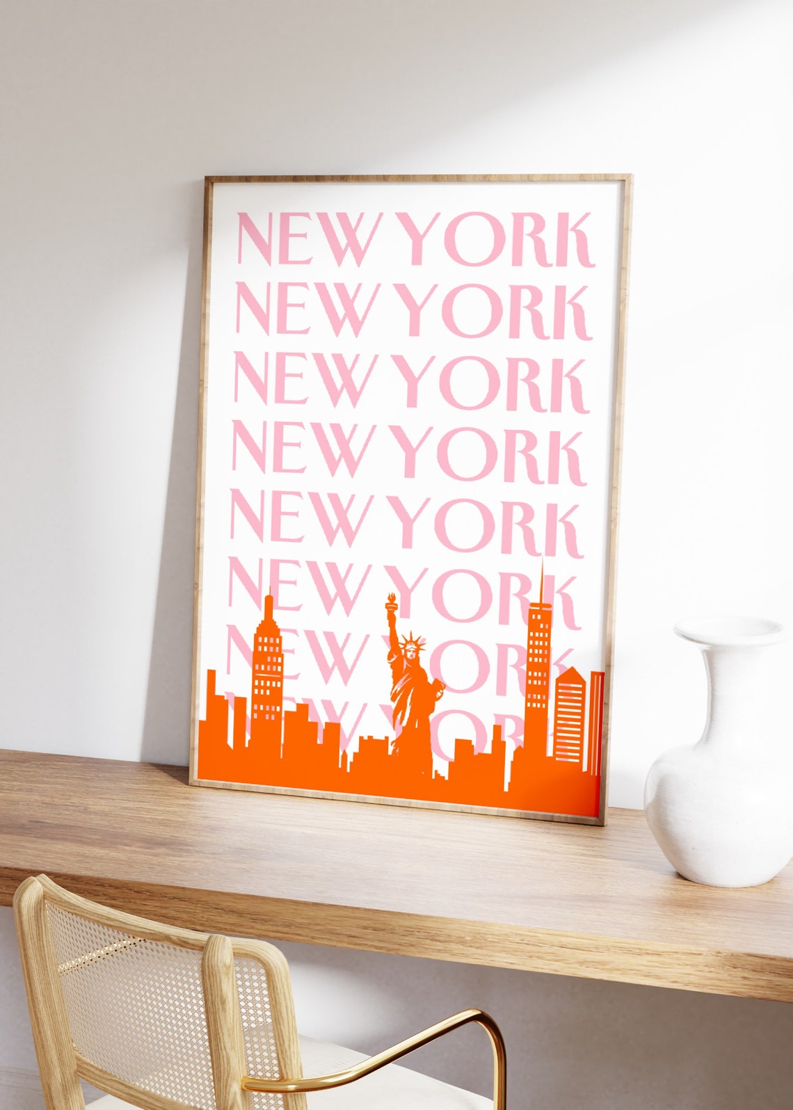 New York Pink Repeat Serif Orange Skyline Statue of Liberty Poster - Image 3