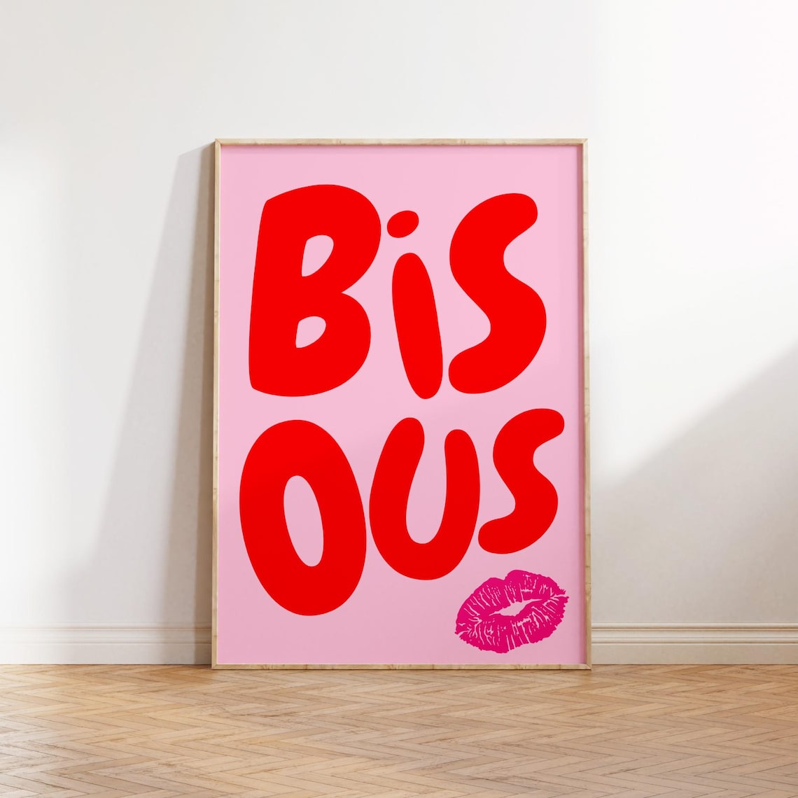 Bisous French Quote Red Bubble Letters Pink Kiss Mark Poster