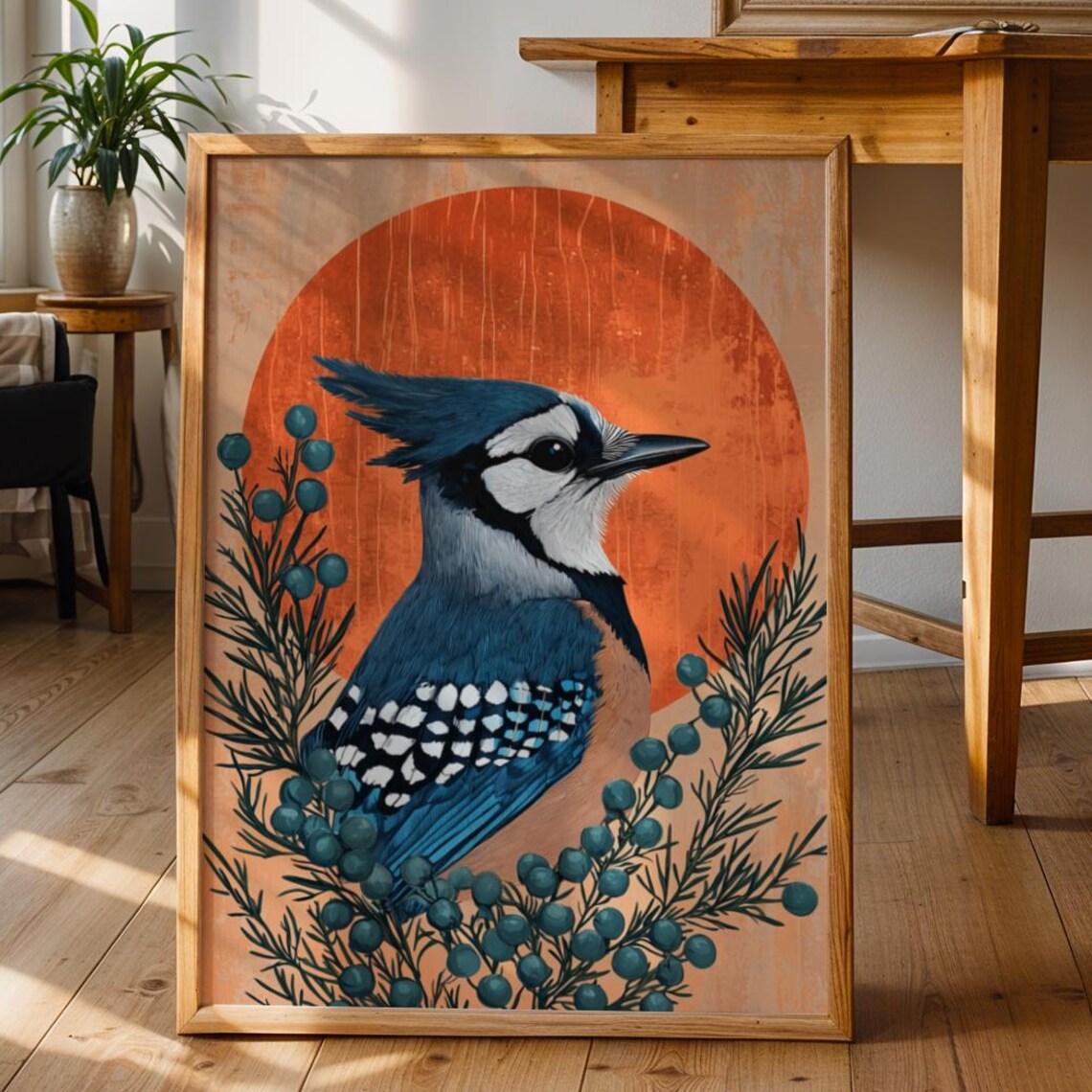 Blue Jay Folk Art Print Scandinavian Style Orange Sun Bird Decor