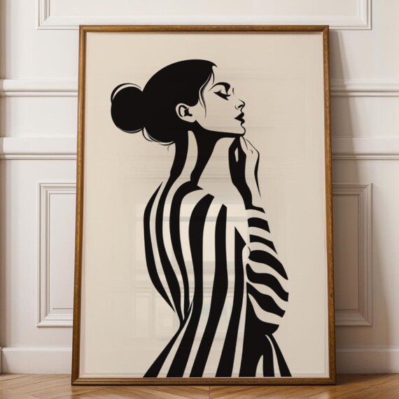 Minimalist Woman Portrait Print Black And Beige Abstract Line Art
