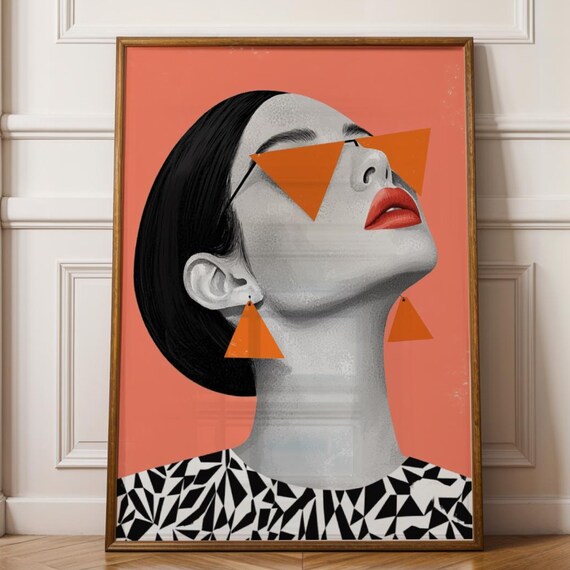 Afrocentric Woman Portrait Orange Geometric Earrings Modern Wall Art