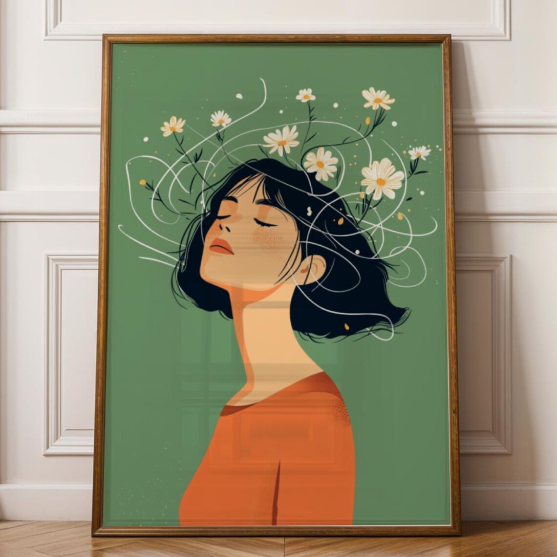 Woman With Daisies in Hair Sage Green Boho Portrait Art Print