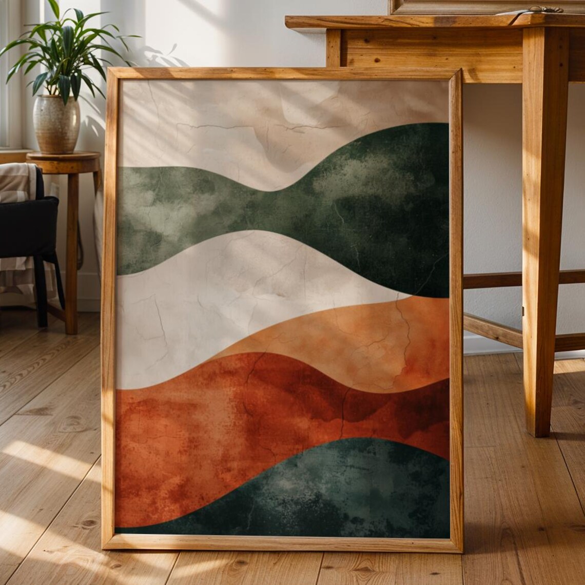 Retro Abstract Sage Green Art Print, Boho Style