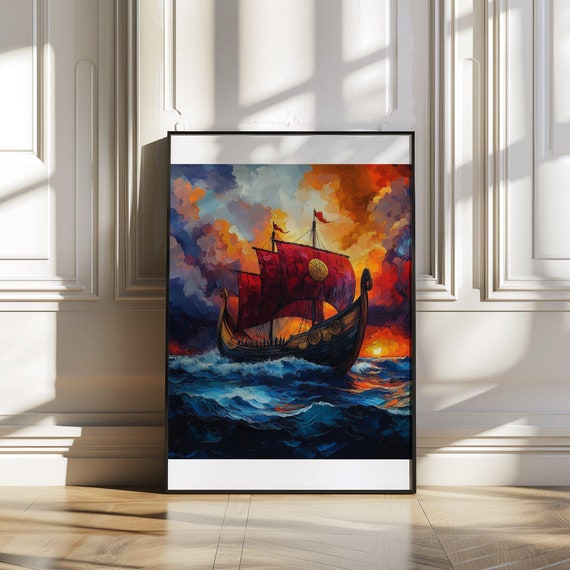 Viking Ship Wall Art Print Vibrant Sunset Scene Nautical Home Dcor Ocean Landscape Painting Historic Maritime Artwork