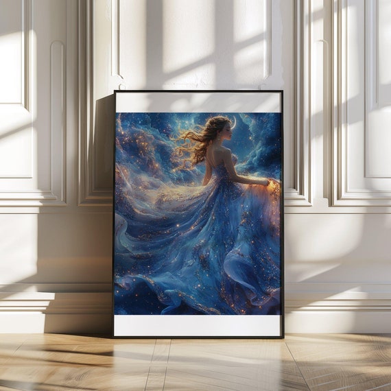 Ethereal Celestial Woman Wall Art Dreamlike Night Sky Art Print Cosmic Goddess Dcor Blue And Gold Surreal Artwork Enchanting Fantasy
