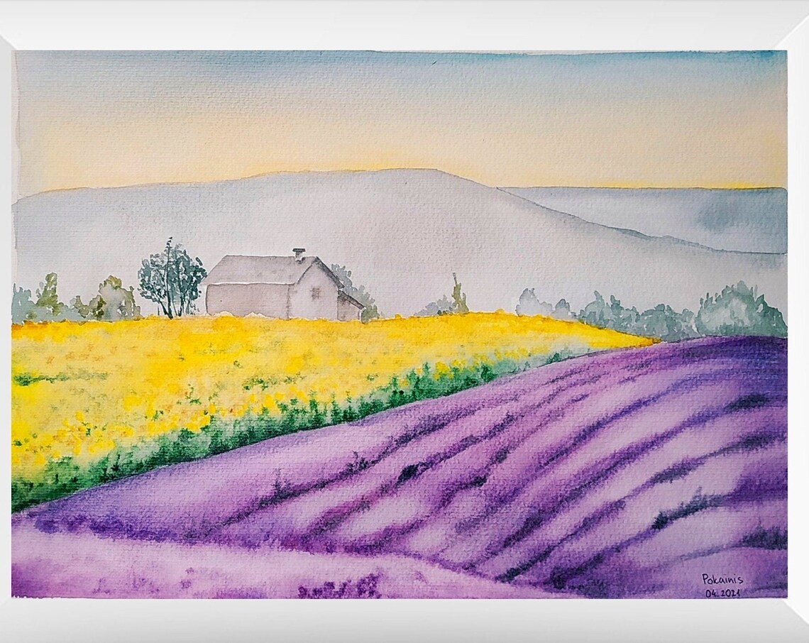 Lavender and Sunflower Fields Farmhouse Landscape Watercolor Poster