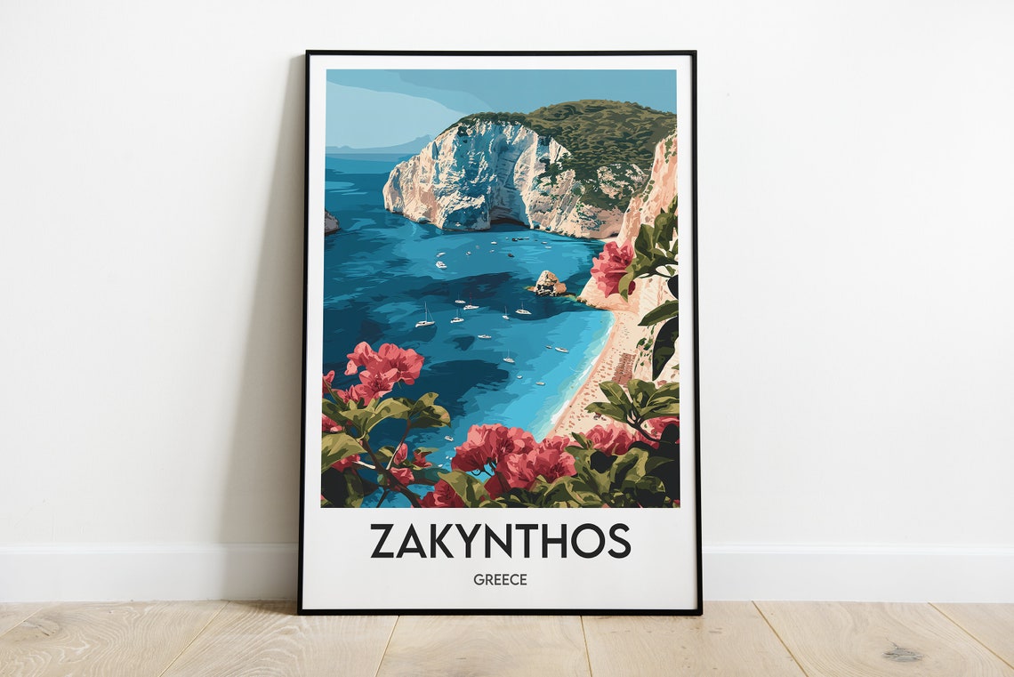 Zakynthos Greece Turquoise Cove Cliffs Bougainvillea Beach Poster