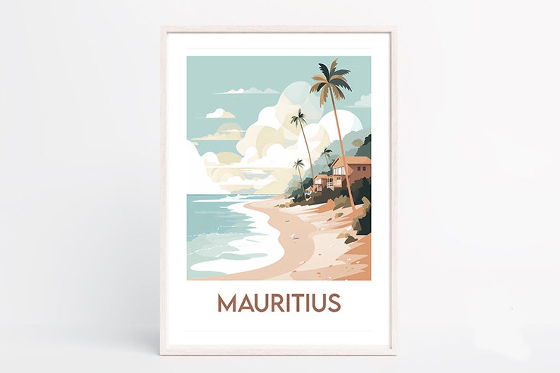 Mauritius Tropical Beach Palms and Island Homes Travel Poster - Image 2