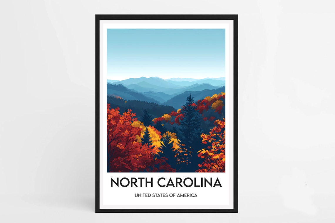 North Carolina Fall Foliage Mountain Vista Illustration Vintage Poster
