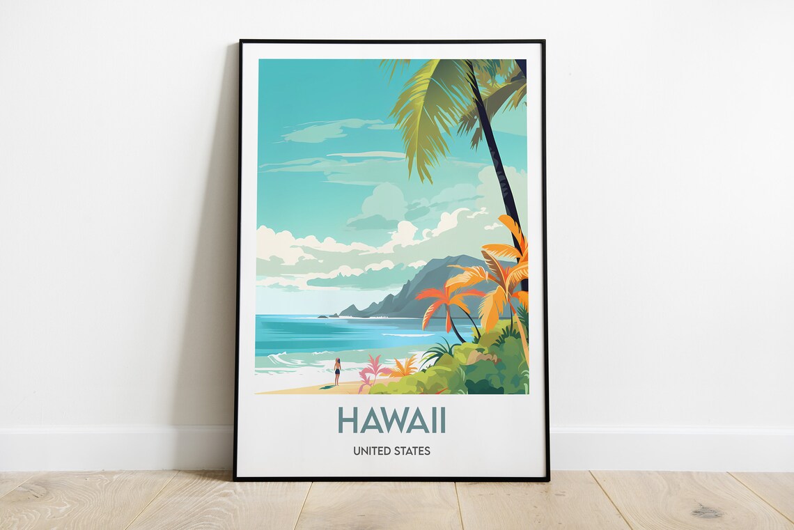 Hawaii United States Tropical Beach Palm Trees Surf Travel Poster