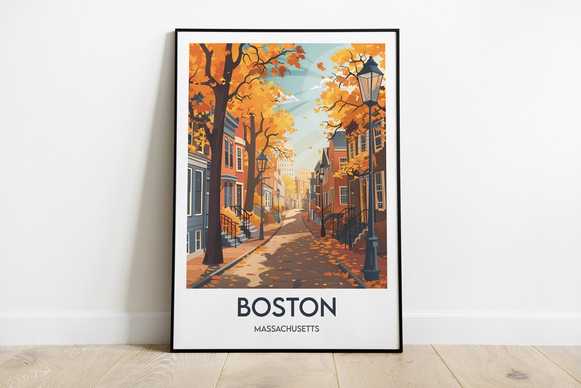 Boston Massachusetts Autumn Street Golden Fall Trees Vintage Poster