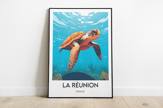 Reunion Island France Poster Travel Print Turtle Illustration