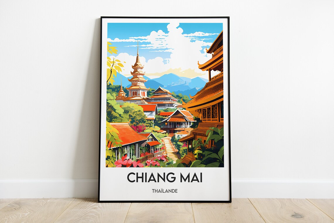 Chiang Mai Thailand Golden Temple Mountain Hills Travel Poster