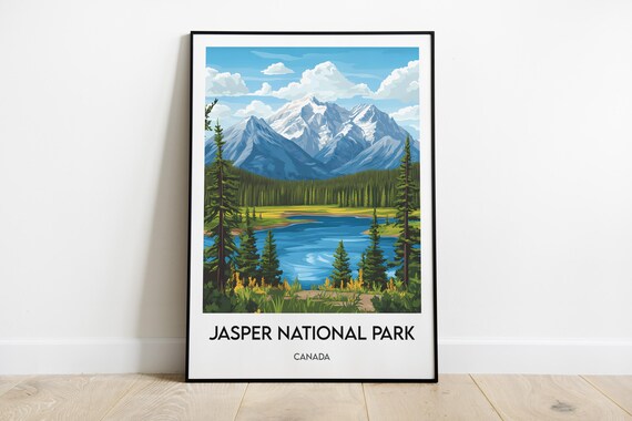 Jasper National Park Canada Poster Alpine Lake Mountains Pines Wall Decor