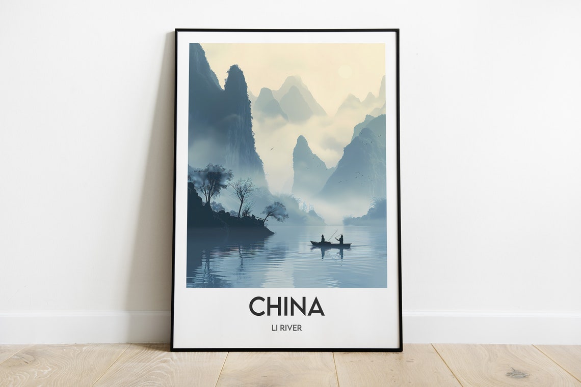 China Li River Misty Karst Mountains Fisherman Illustration Poster