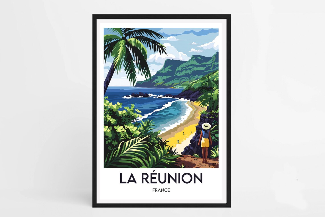 La Reunion France Tropical Beach Palm Cliffs Woman View Poster