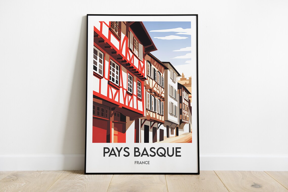 Pays Basque France Red Half-Timbered Houses Street Travel Poster