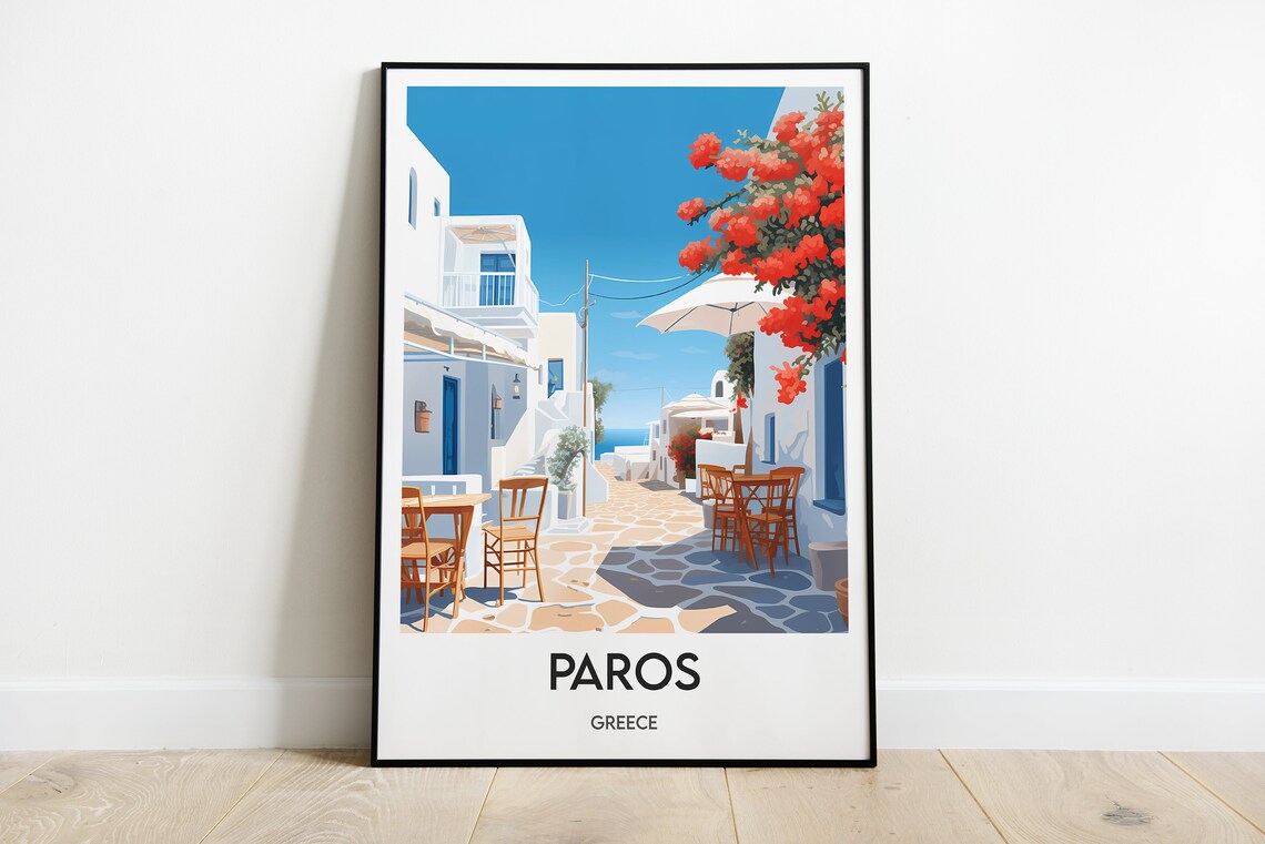 Paros Greece Whitewashed Alley Bougainvillea Street Travel Poster