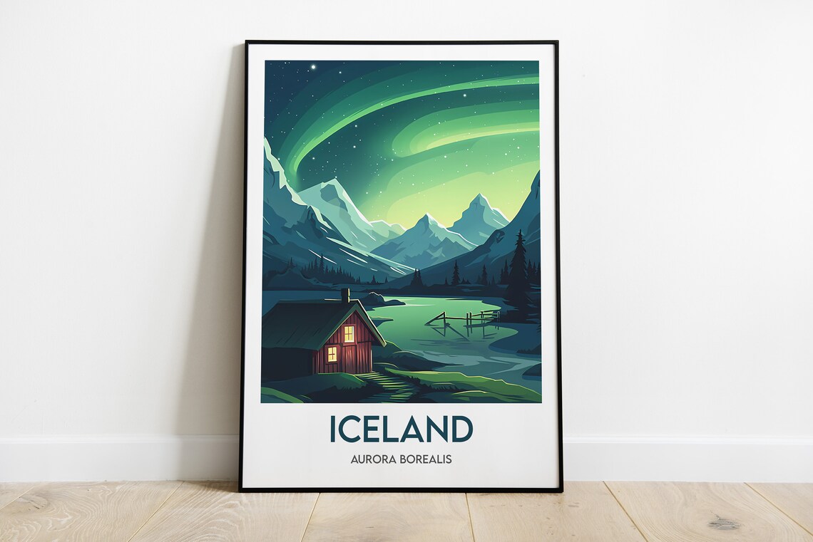 Iceland Aurora Borealis Night Cabin Minimalist Travel Poster
