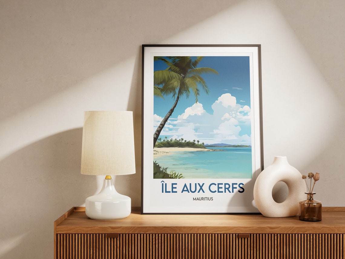 Ile aux Cerfs Mauritius Palm Tree Lagoon Beach Paradise Travel Poster - Image 2
