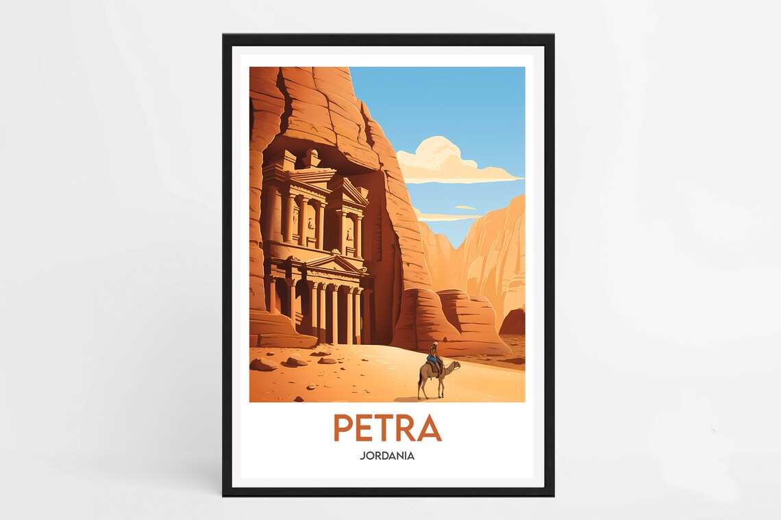Petra Jordan Treasury Carved Facade Camel Rider Desert Travel Poster