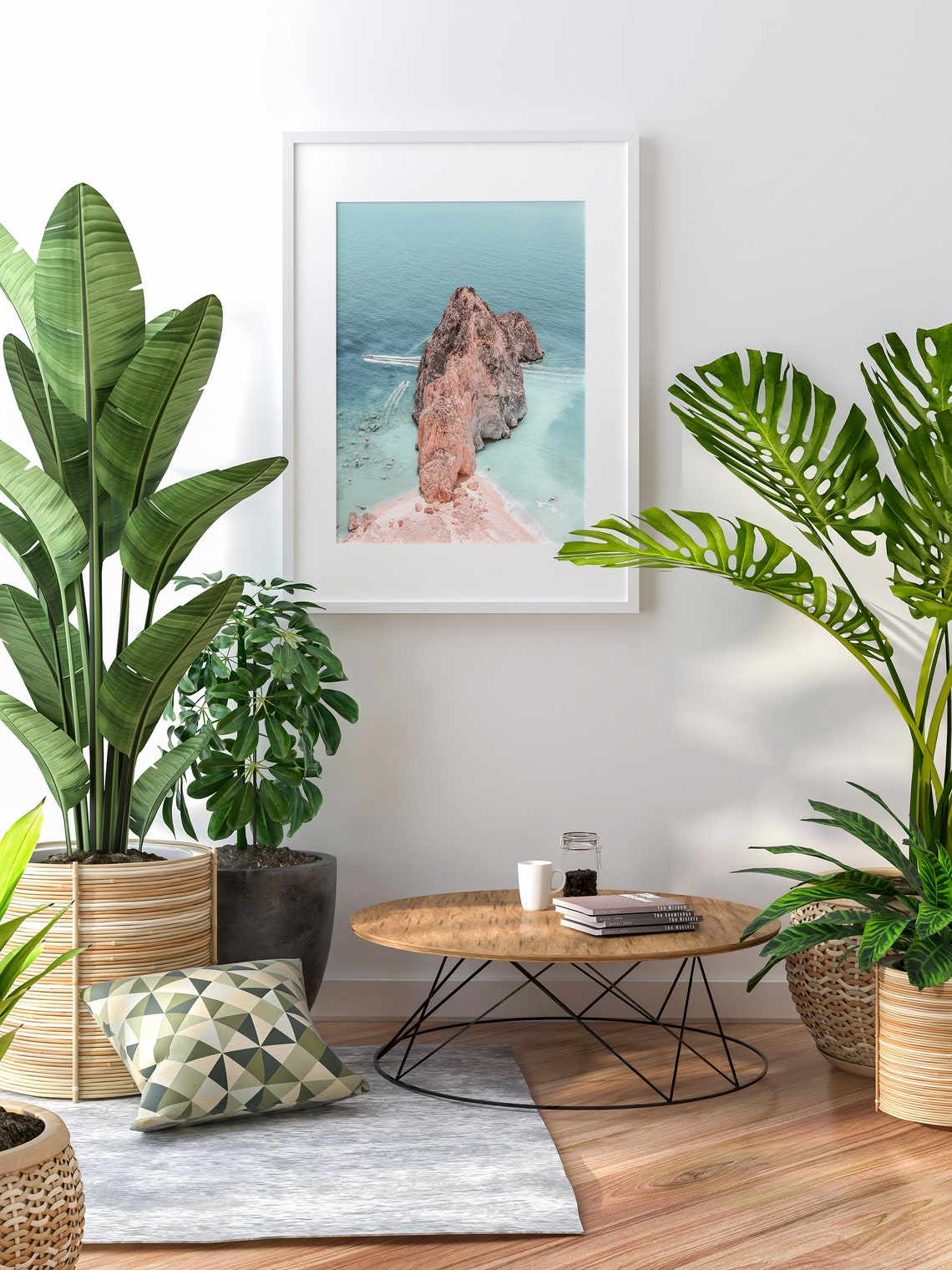 Rocky Sea Stack In Turquoise Ocean Aerial View Coastal Wall Art - Image 2