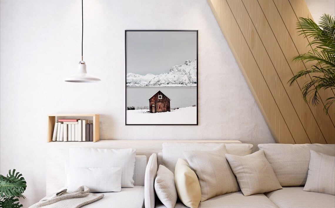 Red Wooden Cabin In Snowy Norway Mountains Winter Travel Wall Print - Image 2