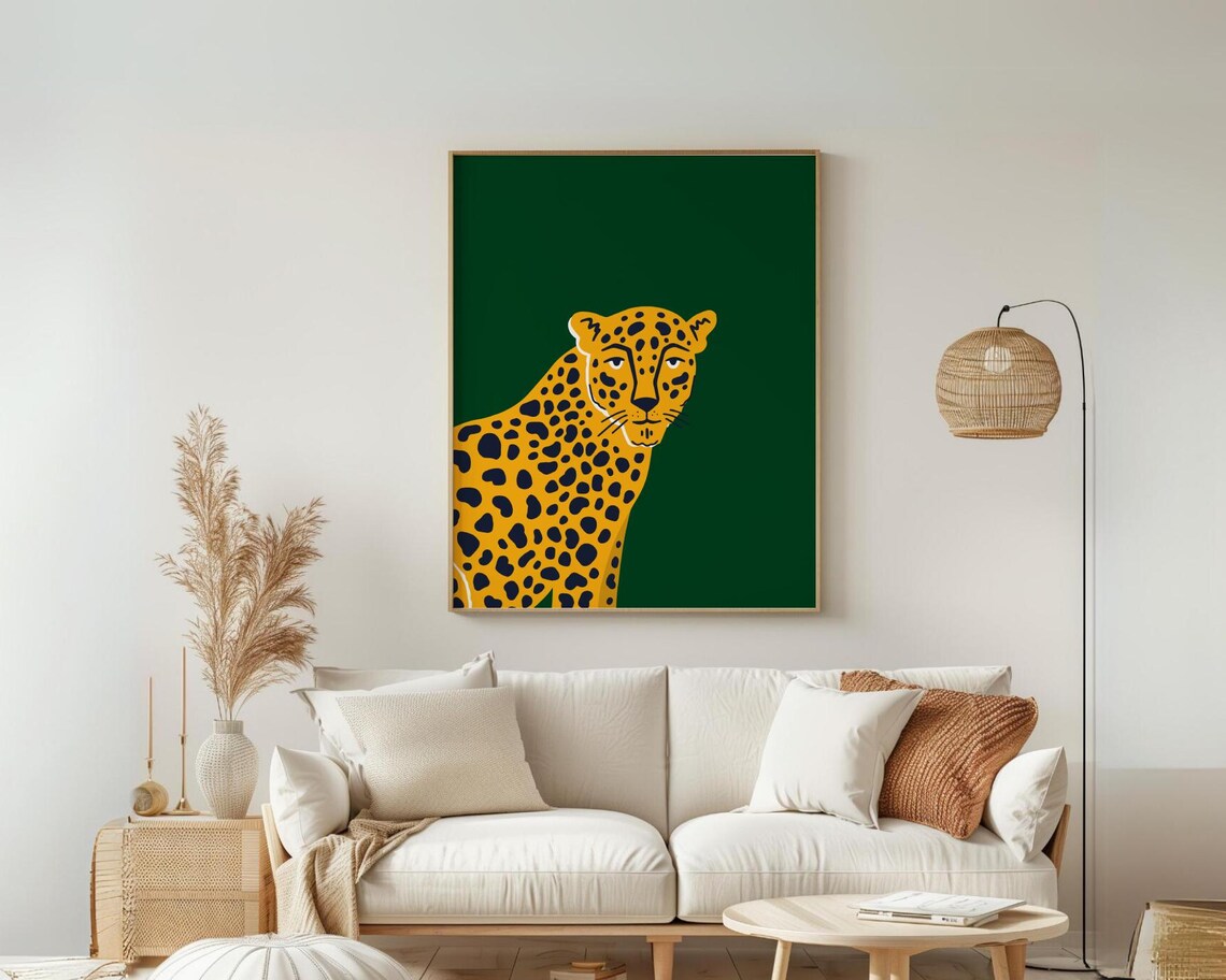 Golden Yellow Leopard on Emerald Green Modern Animal Art Poster - Image 3