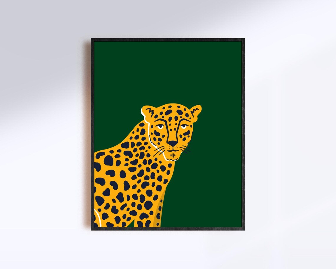 Golden Yellow Leopard on Emerald Green Modern Animal Art Poster - Image 5