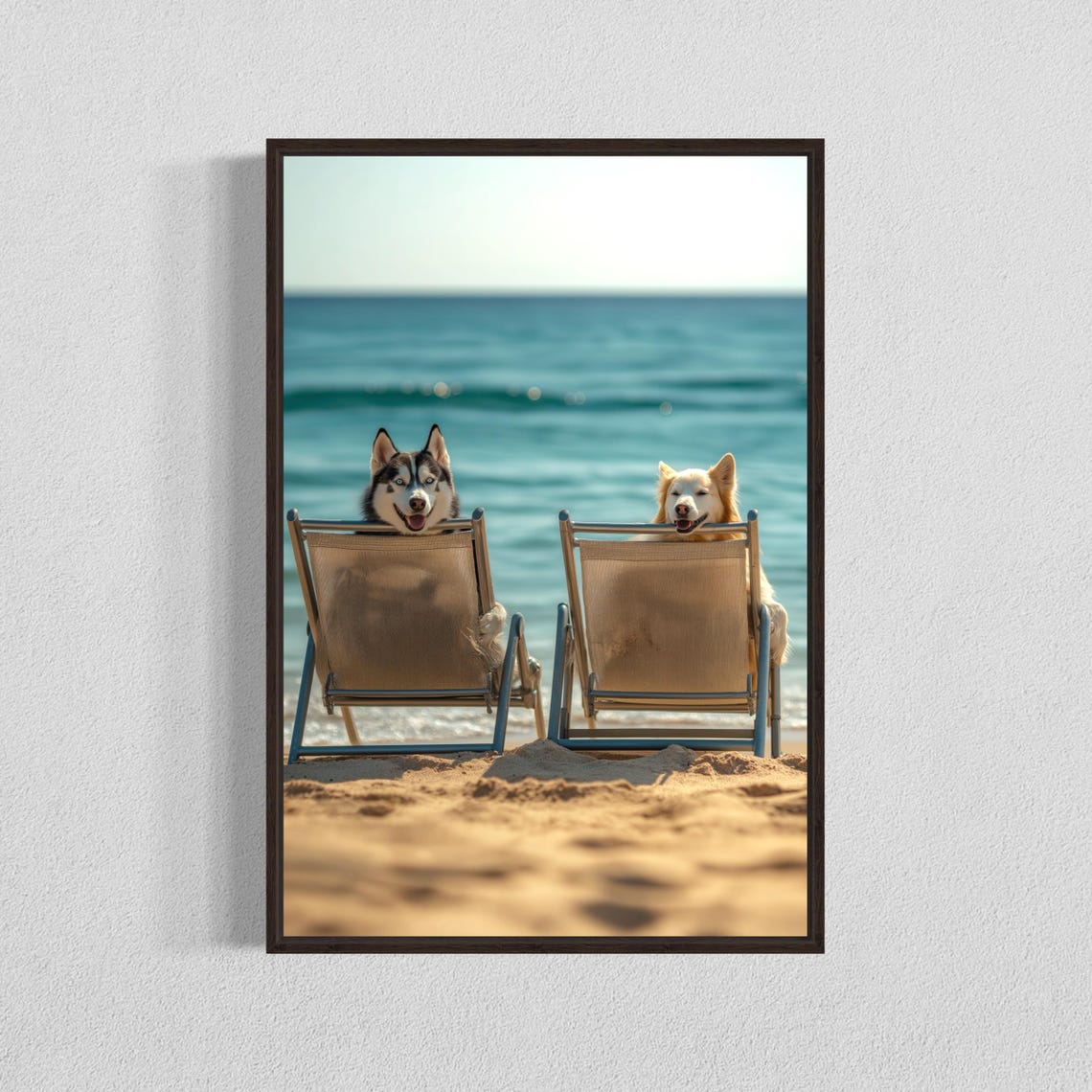 Two Smiling Huskies Relaxing on Beach Chairs by the Sea Funny Poster