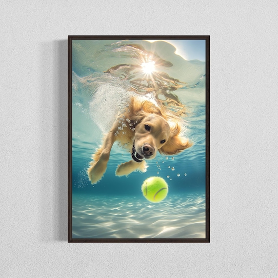 Golden Retriever Diving Underwater for Tennis Ball Summer Poster