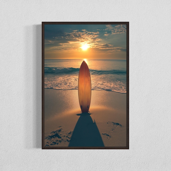 Surfboard Standing on the Sand at Golden Sunset Beach Poster
