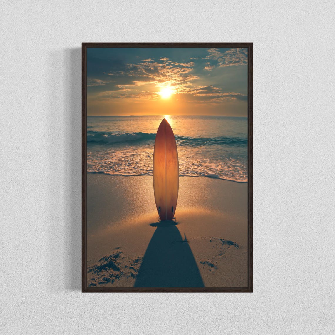 Sunset Surfboard Beach Golden Hour Coastal Photography Poster