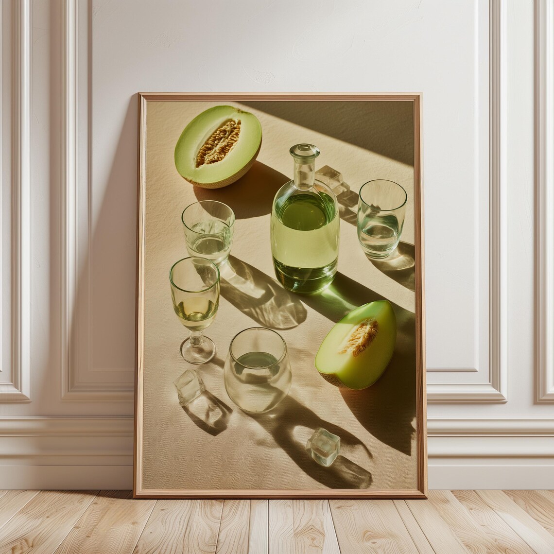 Green Melon Halves and Glass Bottle Sunlit Still Life Photo Poster