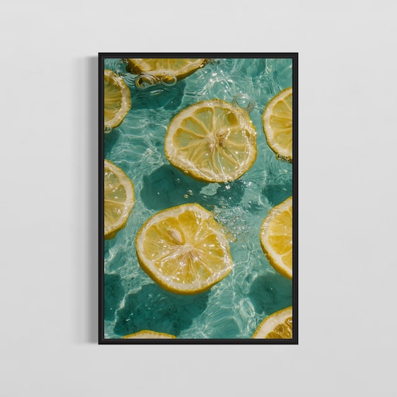 Floating Lemon Slices in Turquoise Water Citrus Minimalist Poster