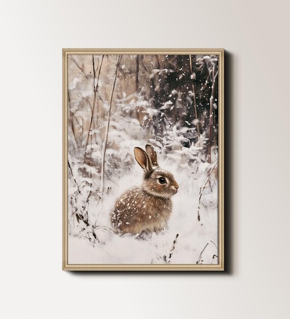 Bunny Rabbit In Falling Snow Winter Woodland Animal Painting Poster