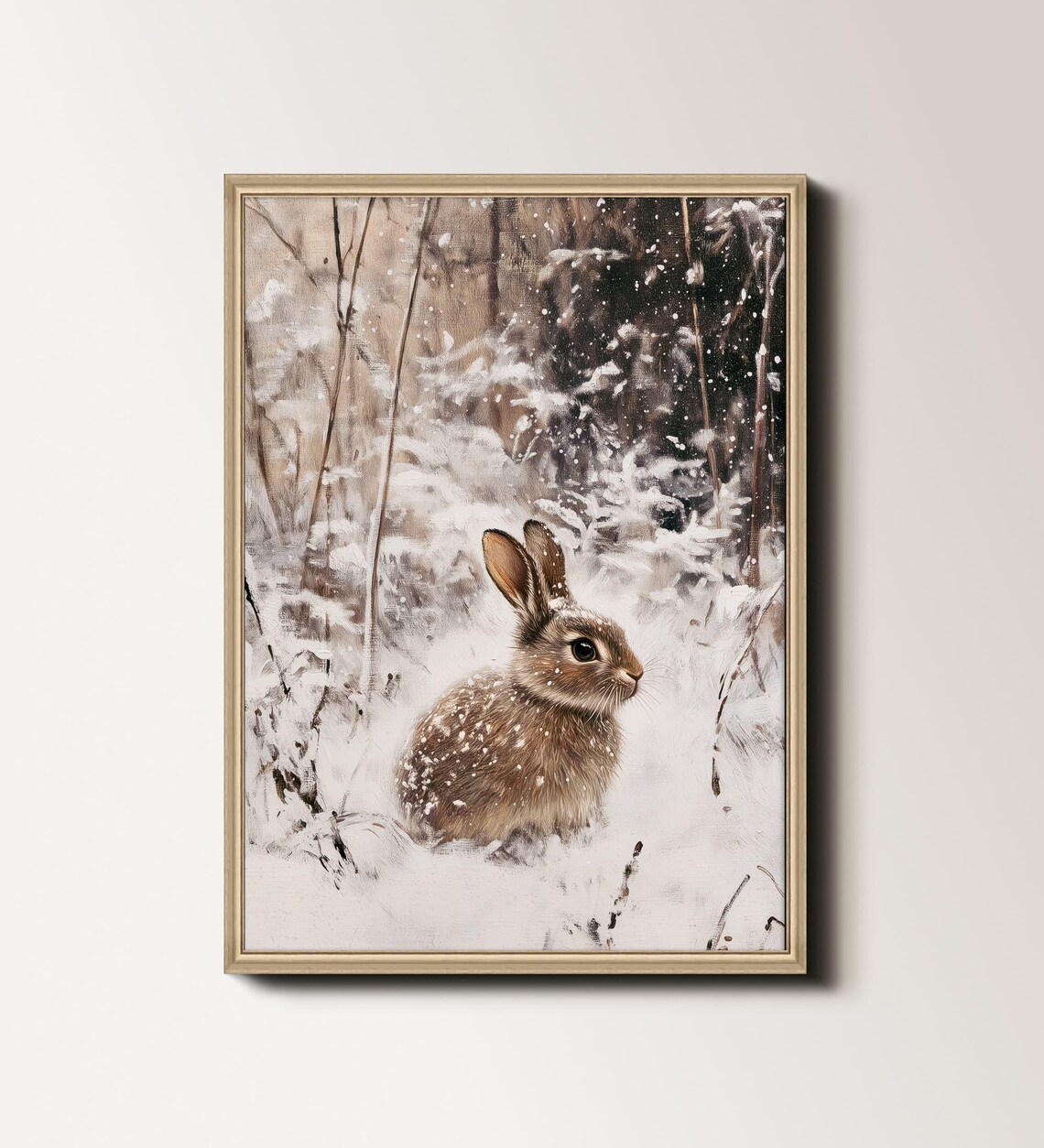 Bunny Rabbit In Falling Snow Winter Woodland Animal Painting Poster
