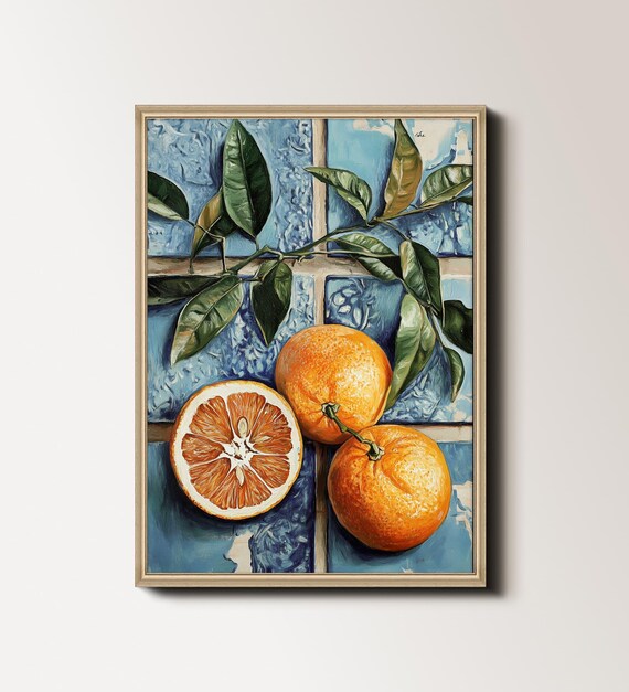 Oranges Print Orange Fruit Painting Citrus Wall Art Print Summer Fruits Kitchen Wall Decor Blue And Orange Print 005