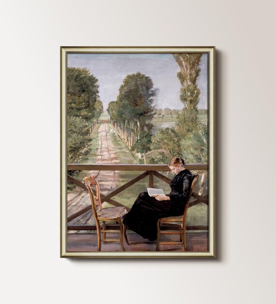 Woman Reading on a Veranda Above a Poplar Lined Avenue Poster