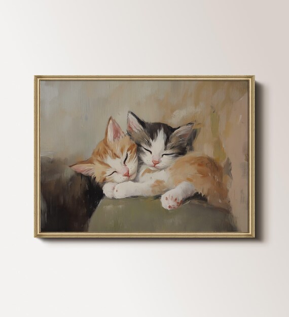 Vintage Kitten Painting, Neutral Nursery Cat Art Print
