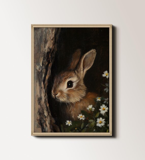 Brown Bunny Peeking From Tree Hollow With Daisies Vintage Rabbit Art Poster