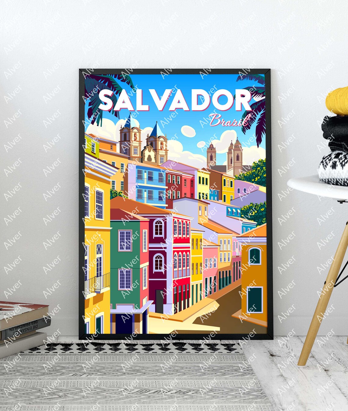 Salvador Brasil Pelourinho Colorful Colonial Streets Travel Poster - Image 3