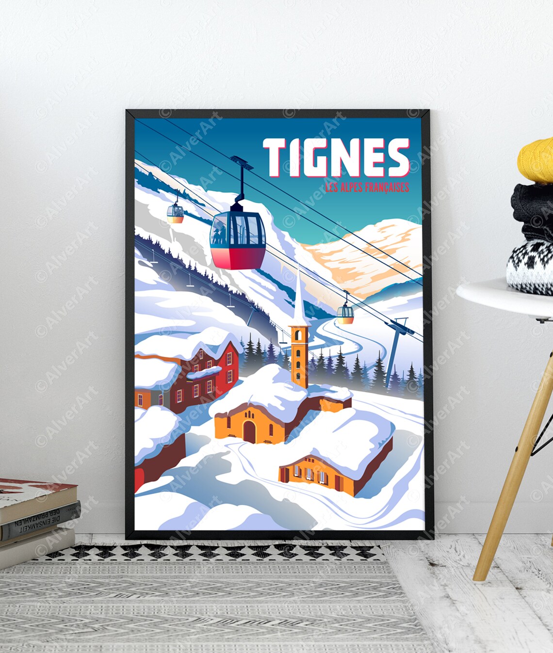 Tignes French Alps Ski Poster With Cable Cars Over Snowy Alpine Village - Image 3