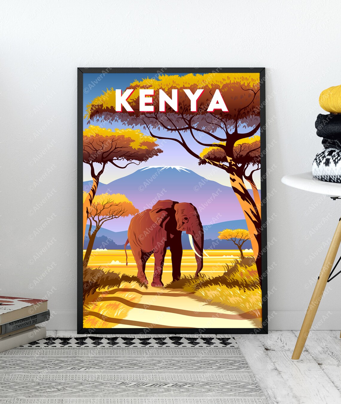 Kenya Safari Elephant Acacia Trees Golden Savanna Travel Poster - Image 3