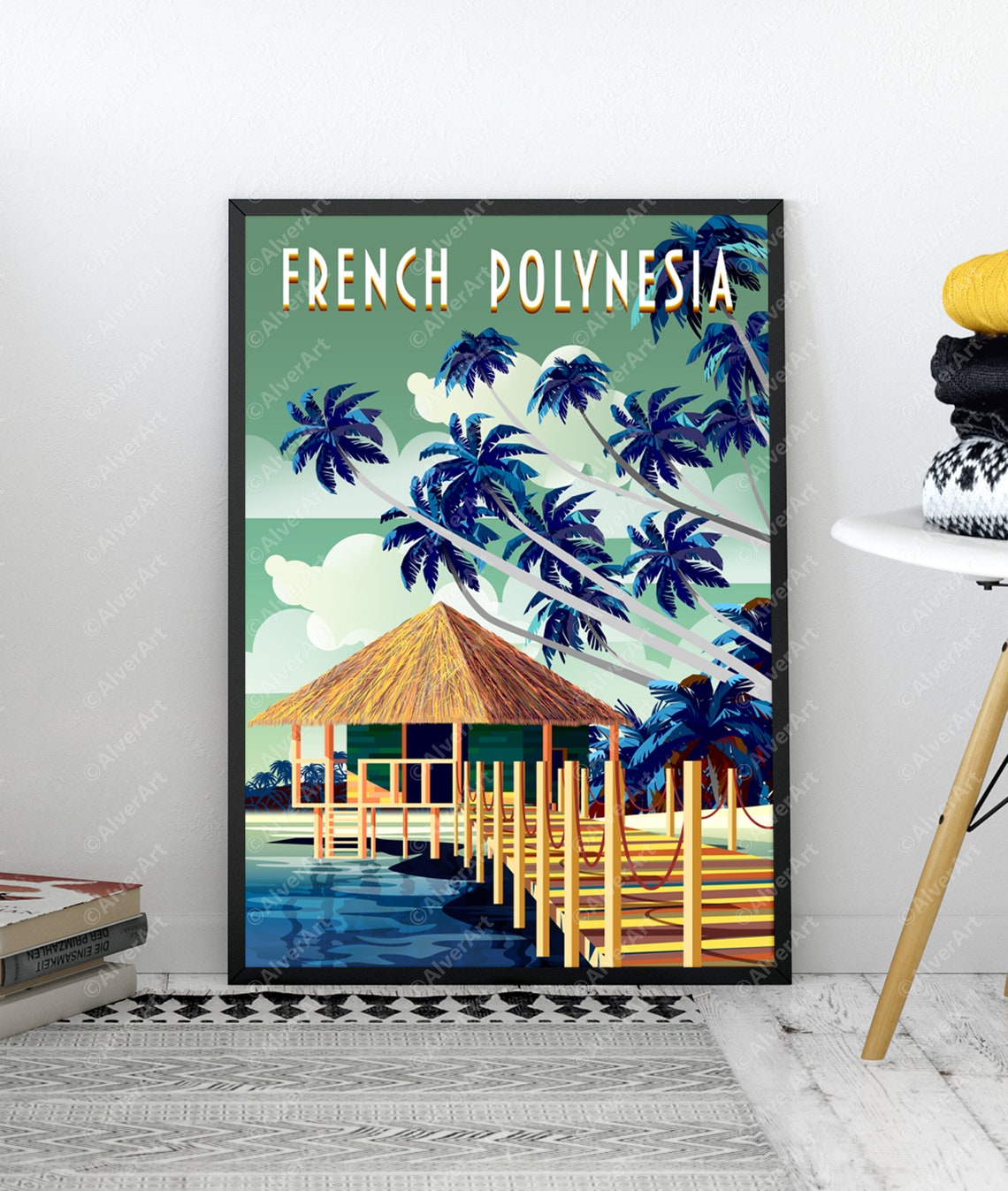 French Polynesia Overwater Bungalow Wooden Jetty Palm Trees Poster - Image 3