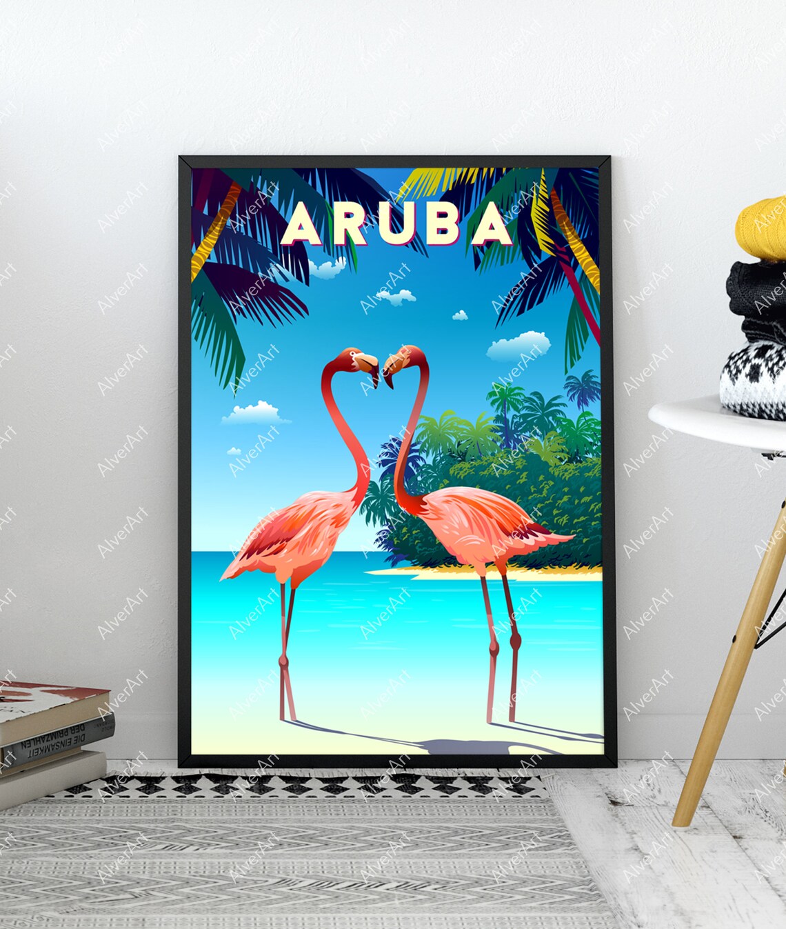 Aruba Flamingos On Turquoise Beach Tropical Island Travel Poster - Image 3