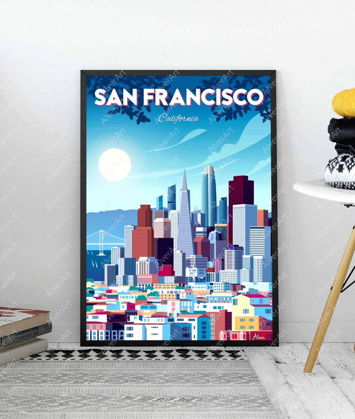 San Francisco California Skyline Bay Bridge Retro Travel Poster - Image 3